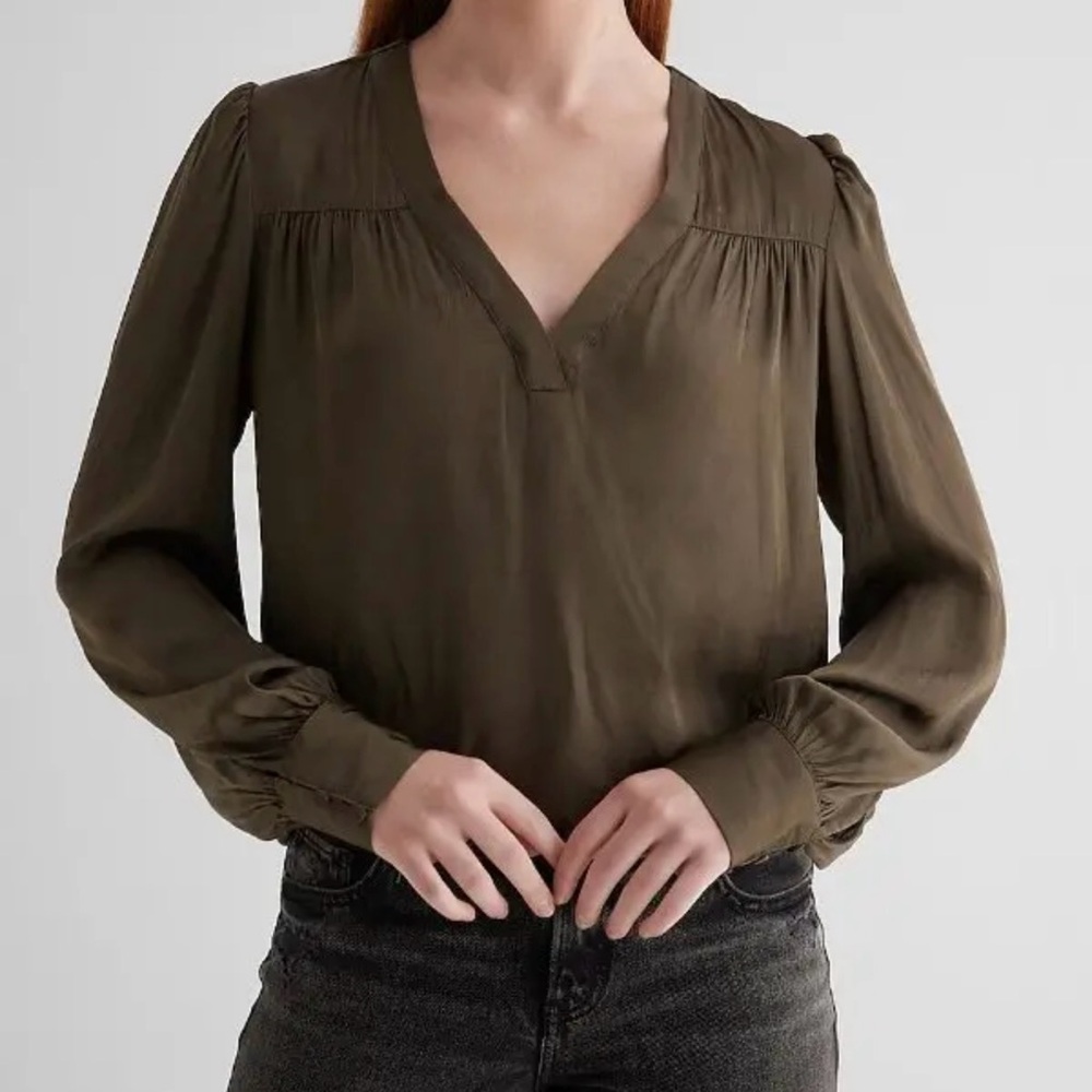 Express Olive Blouse with V-Neck